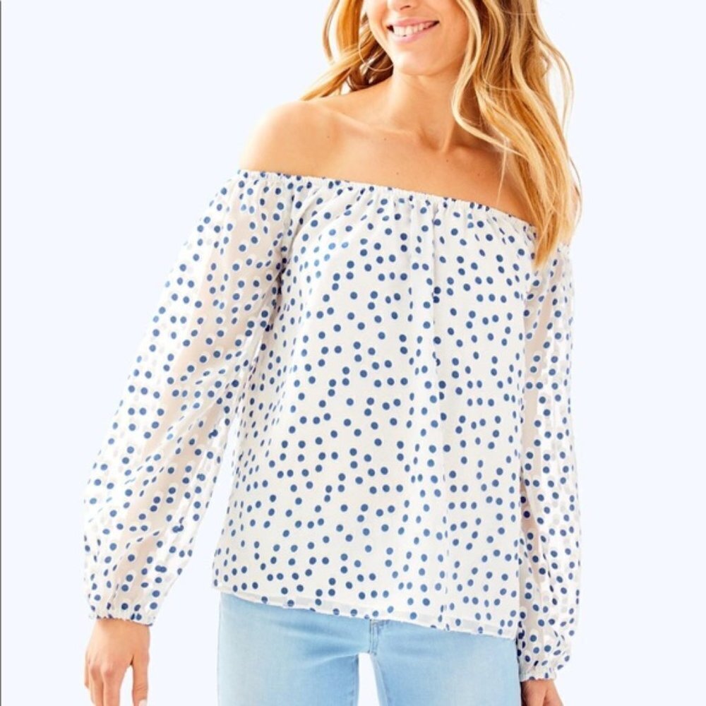 Lilly Pulitzer Lou Lou Off The Shoulder Top Bennet Blue Polka Dot Size Medium